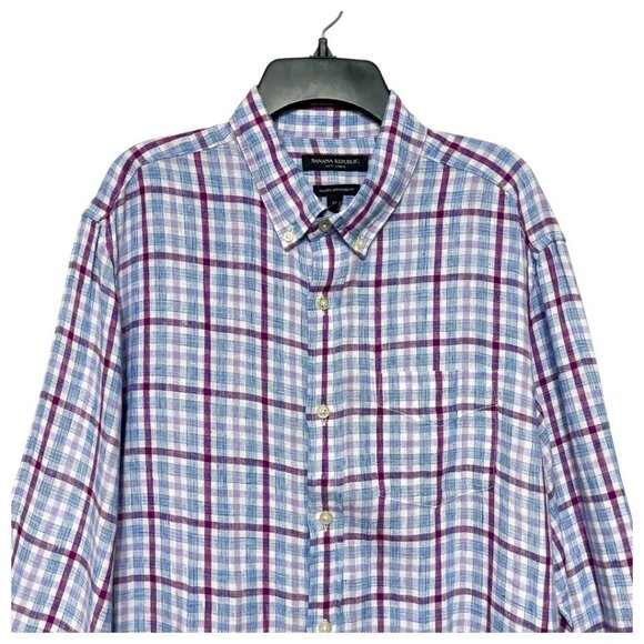 Banana Republic Mens 100%‎ Linen Plaid Button-Down Shirt Camden Standard Fit M - Picture 2 of 6